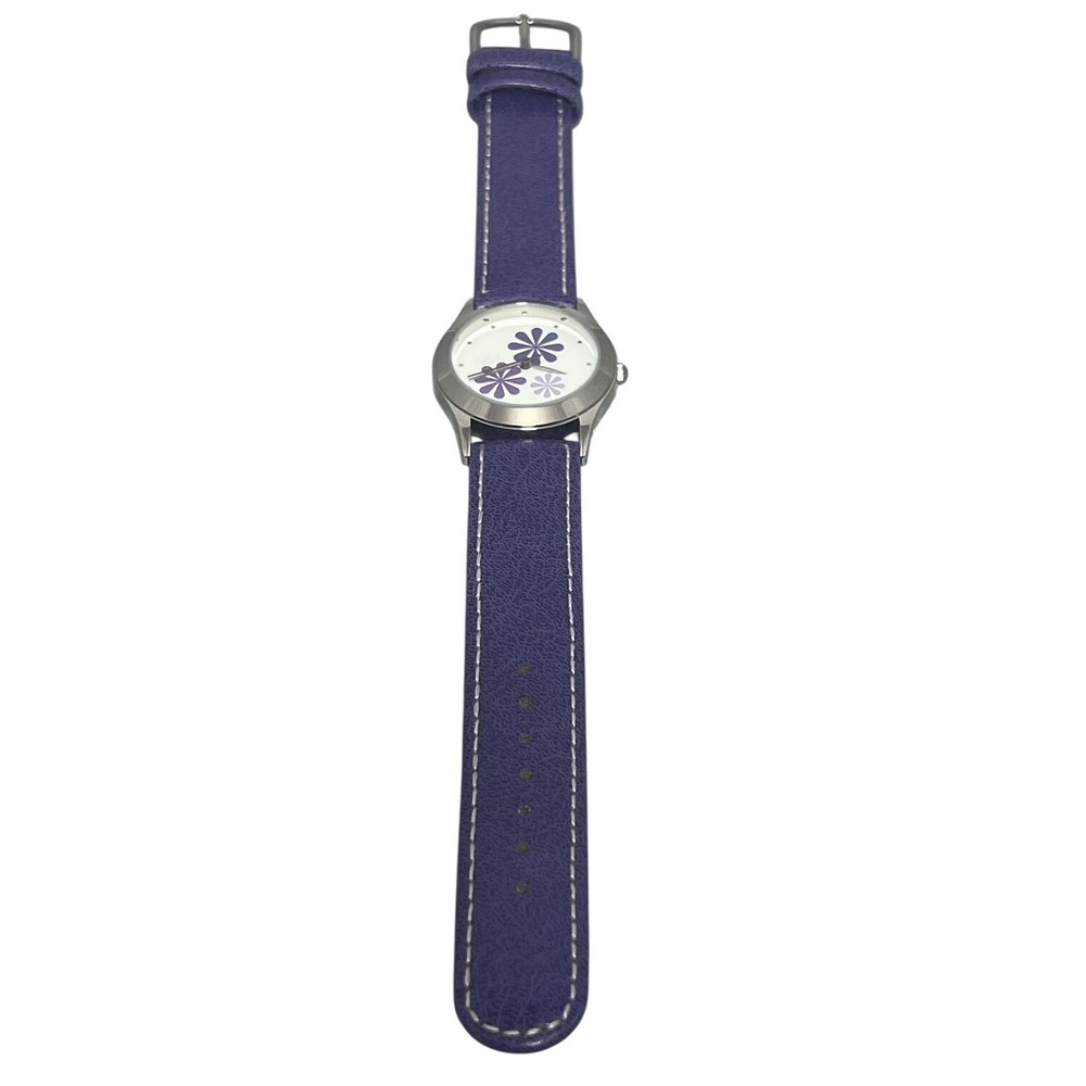 Purple Floral Dial Wristwatch Faux Leather Band Silver Tone Case Quartz UNTESTED